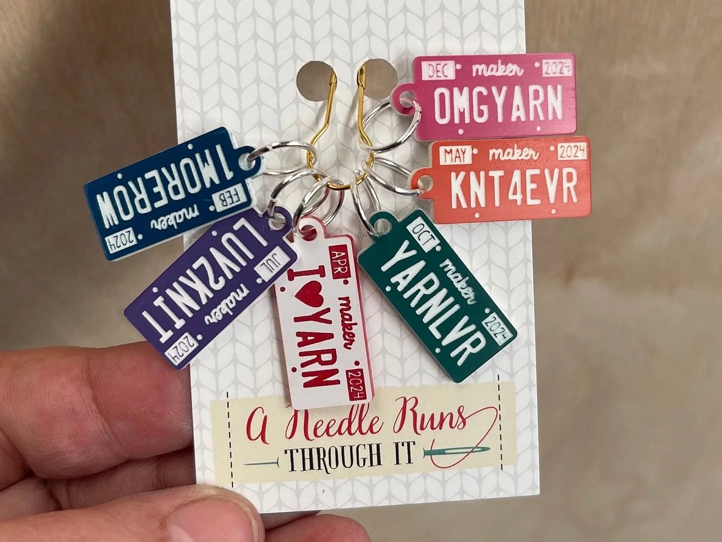 Knitting license plate stitch markers