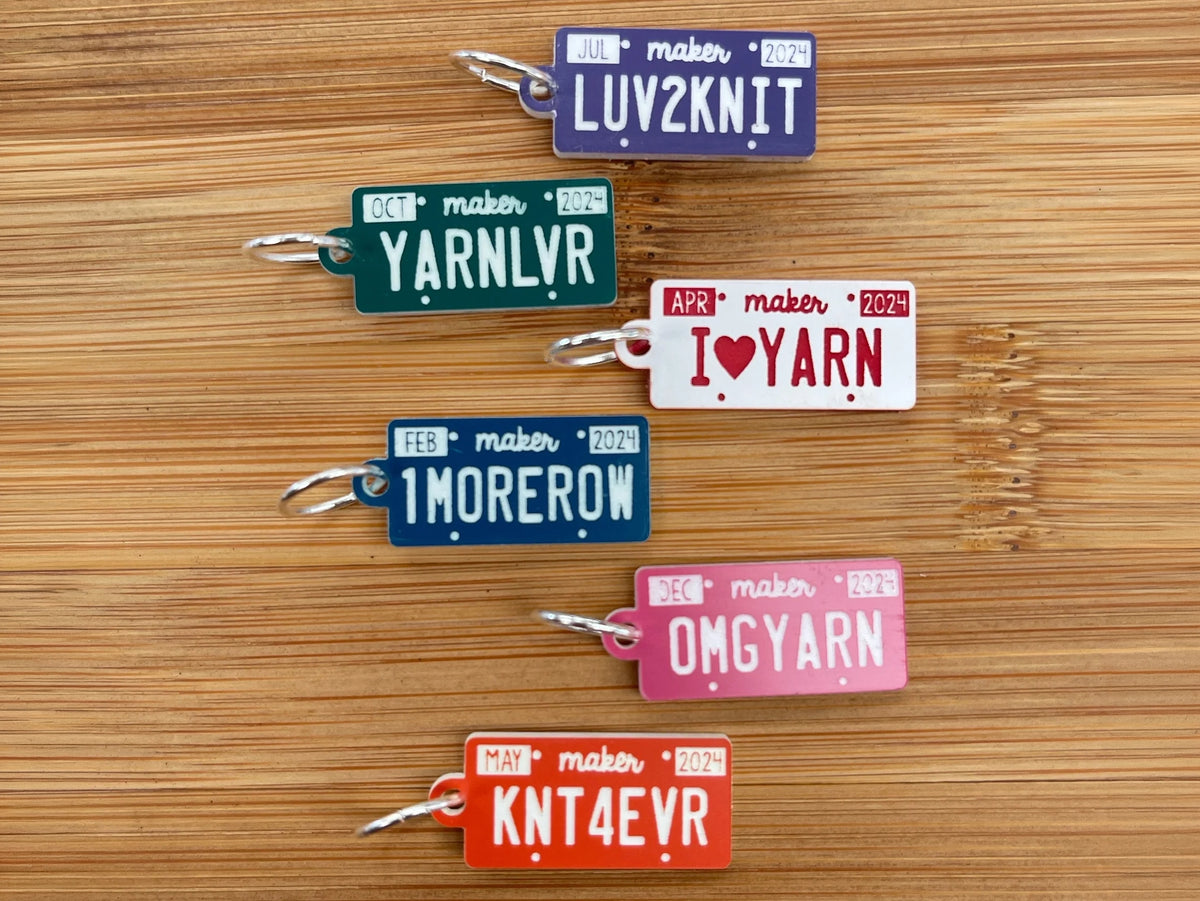 Knitting license plate stitch markers